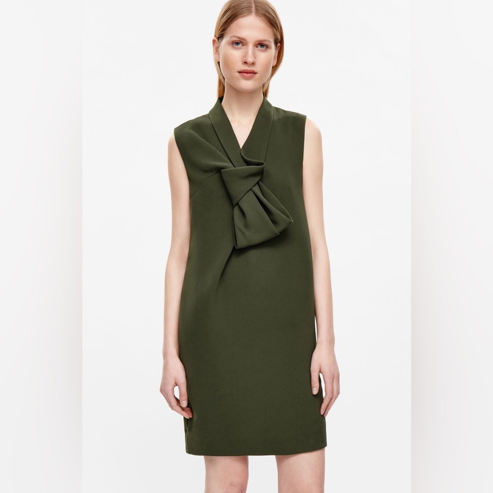 COS Olive Green Sculptural Shift Dress with Bow Accent and Pockets